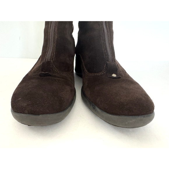 Aquatalia Mia Brown Suede Boots 9 Zip-Front Knit Cuff Low Wedge Heel Booties - Picture 3 of 16